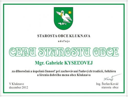 Cena starostu obce Mgr. Gabriele Kyseľovej